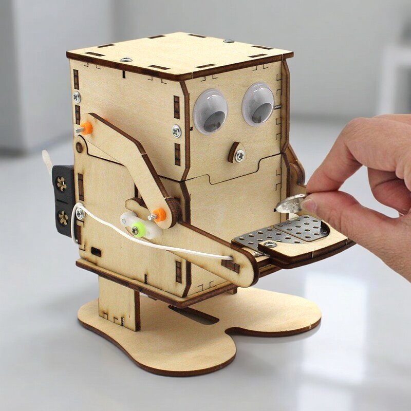 Science Project Robot - Hölzernes DIY-Roboter-Modell zum Münzessen, STEM-Projekt, Lehr-